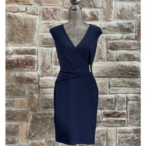 Lauren Navy Ruched V-Neck Gold Bar Dress